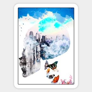 Mystic Skull beautiful blue sky city scape butterfly Sticker